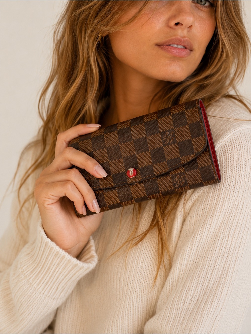 Louis Vuitton Damier Ebene Emilie Wallet Red Interior Long Wallet Dust Bag